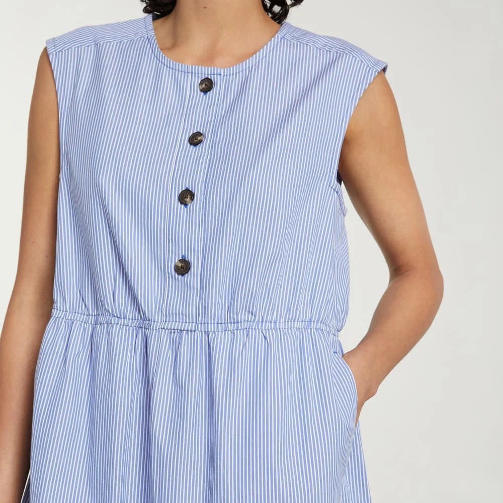The Tiered Midi Dress | White / Blue Mini Stripe (3)