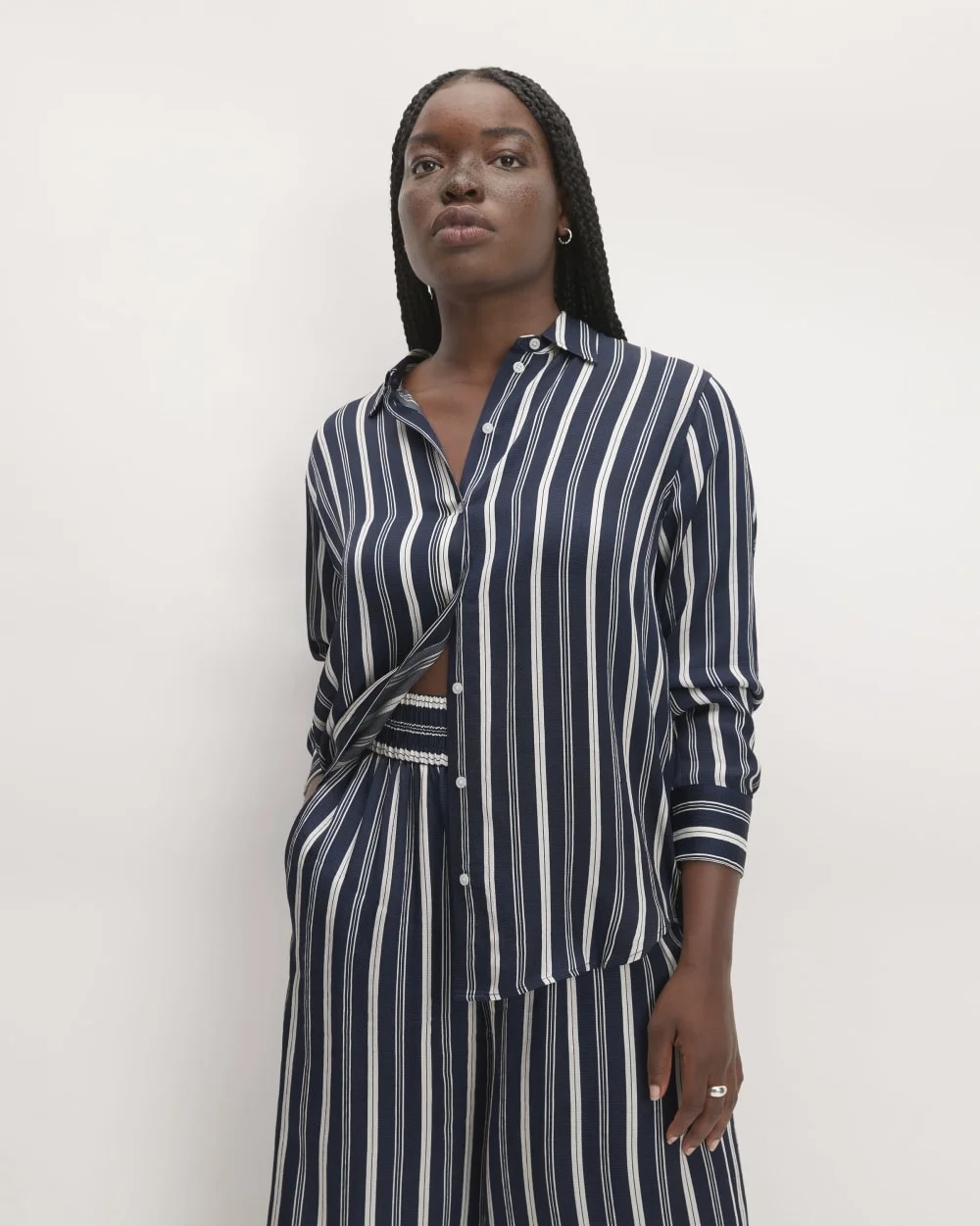 The Satin Relaxed Shirt |  Navy / Bone