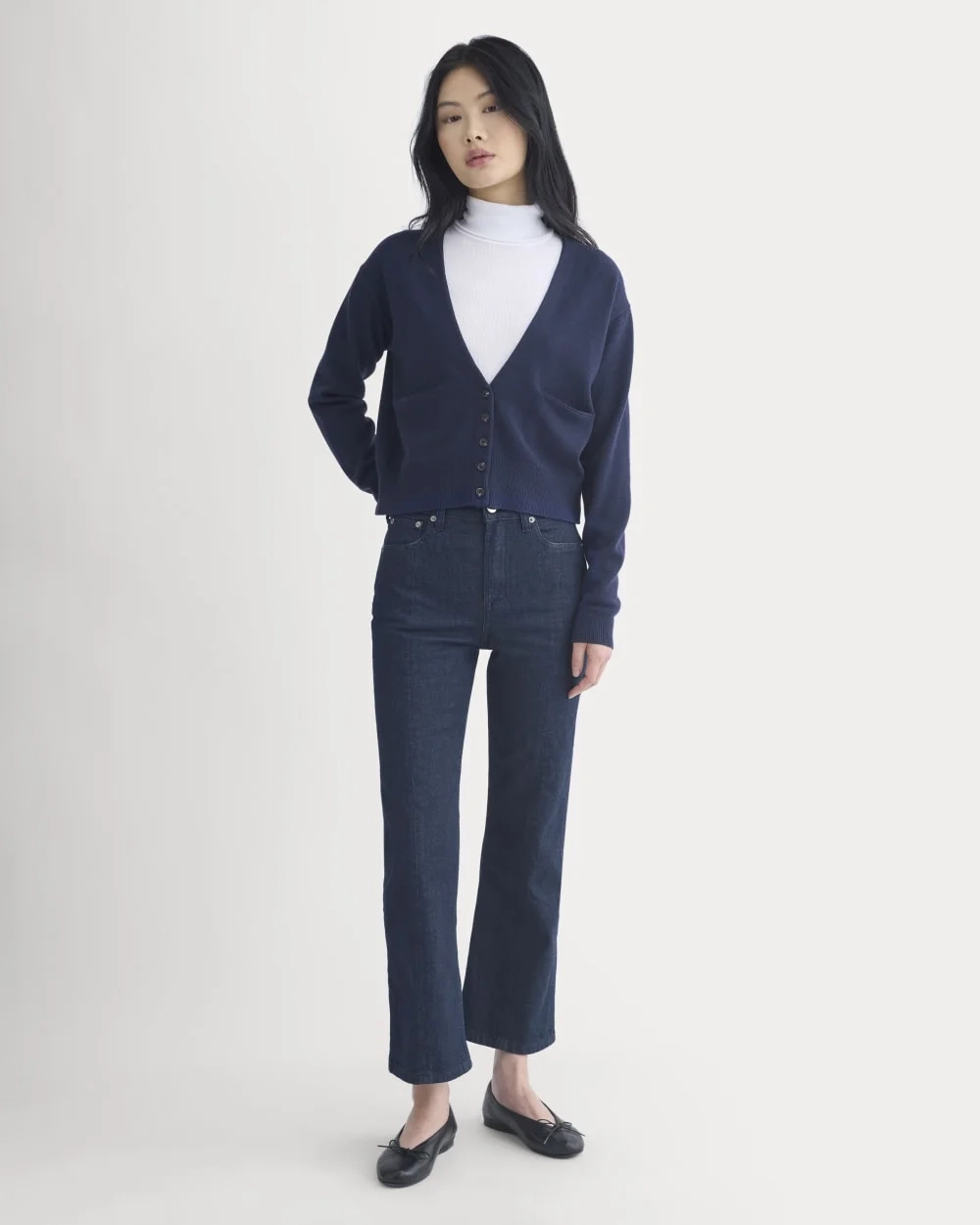 Deep V-Neck Cardigan in Cotton Merino | Navy (4)