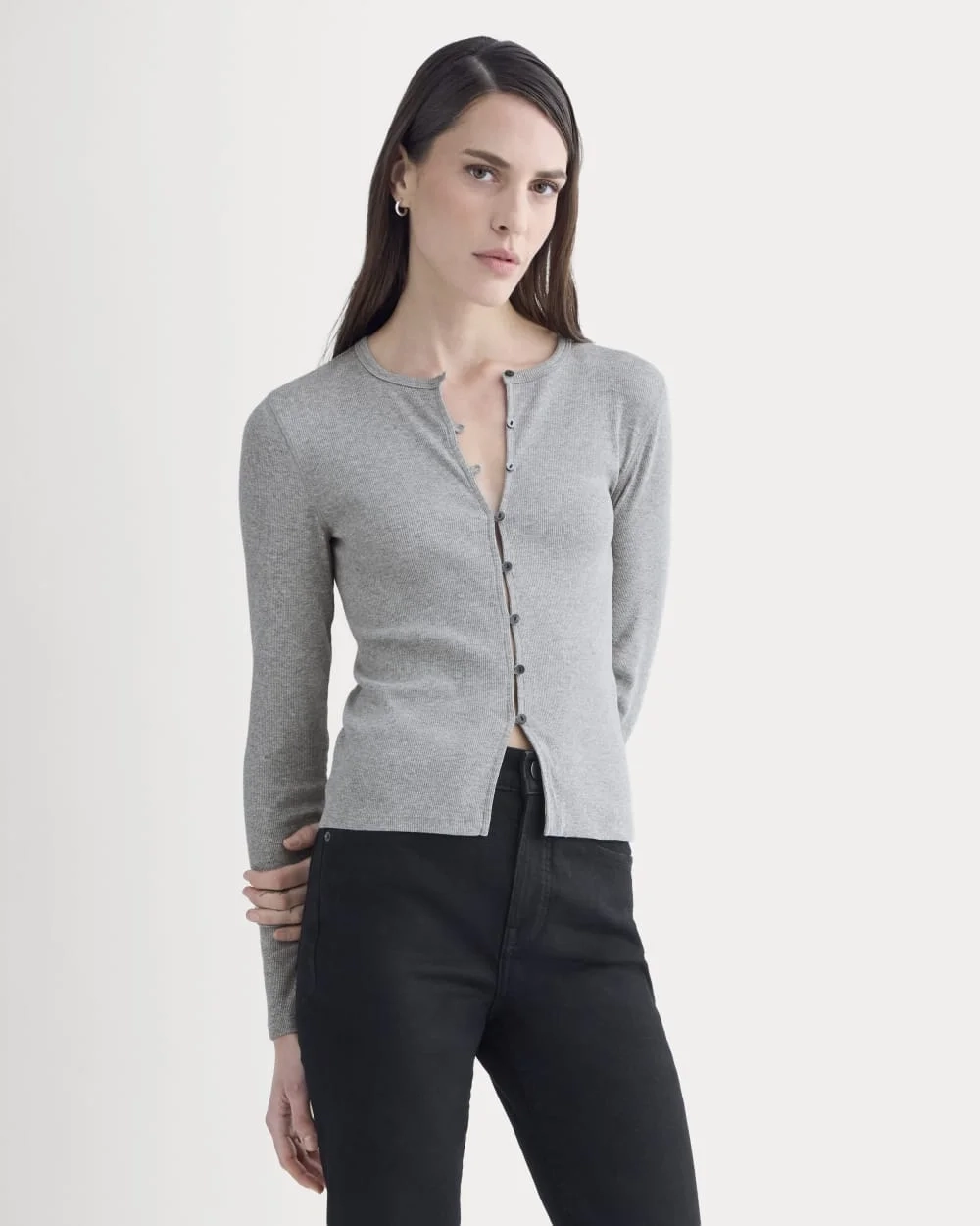 Luxe Rib Button-Up Top | Heathered Light Grey (2)