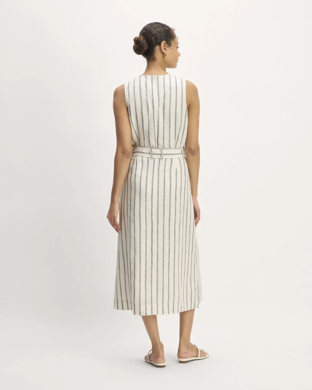 The Linen Belted Midi Dress | Bone/Navy (2)