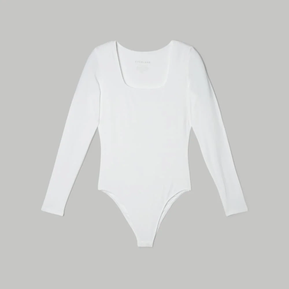 The Long-Sleeve Supima® Square-Neck Bodysuit | White | Thong (2)