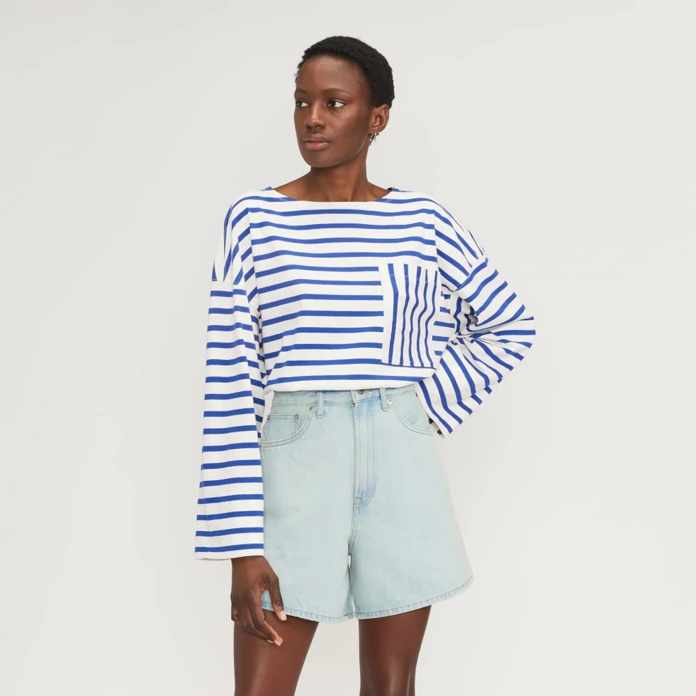 The Premium Weight Oversized Pocket Tee | Canvas Tan / Mazarine Blue