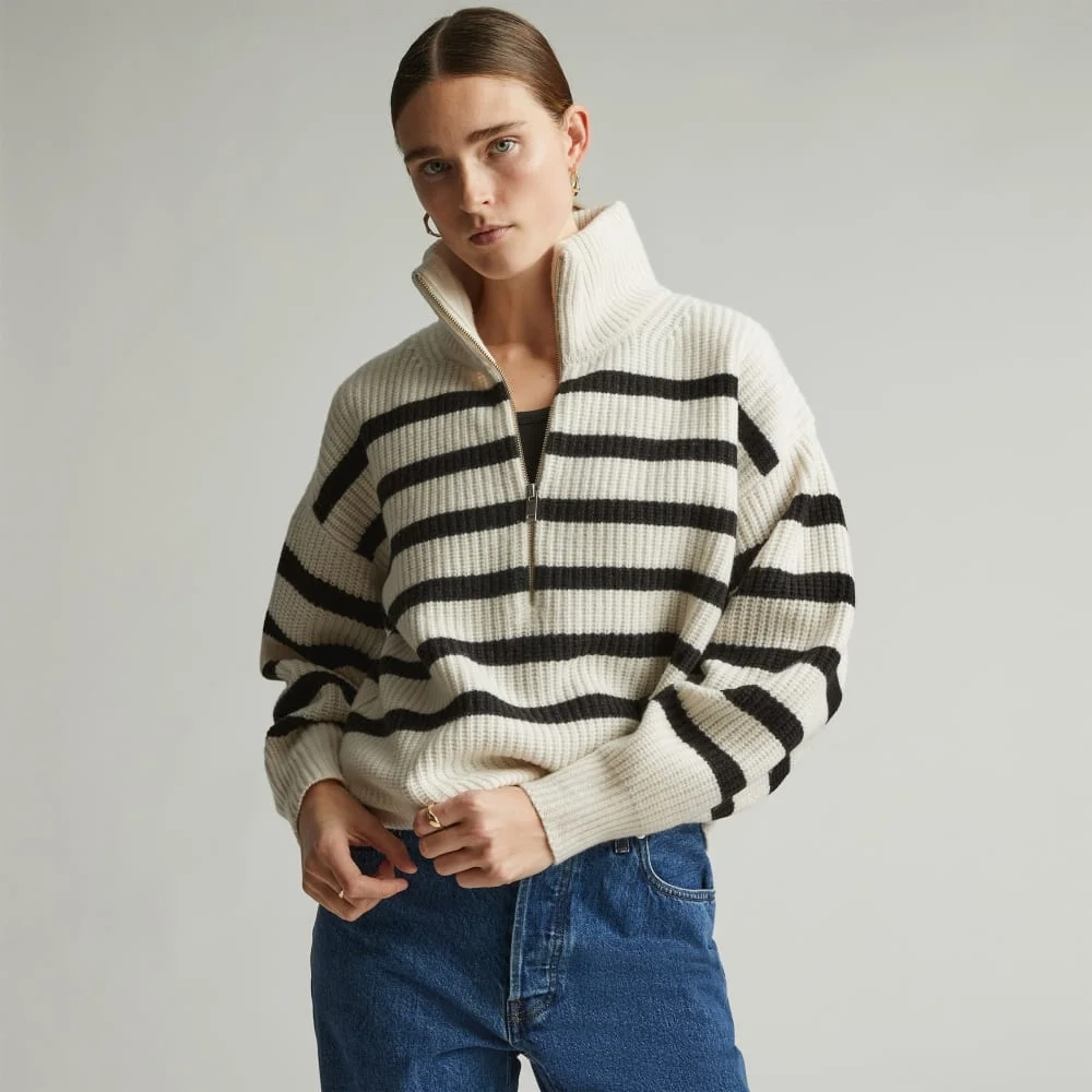 The Half-Zip Sweater in Luxe Merino | Bone / Black