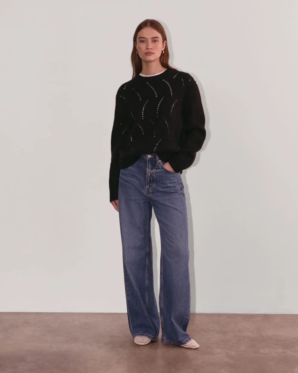 The Pointelle Sweater in Cloud | Black (2)