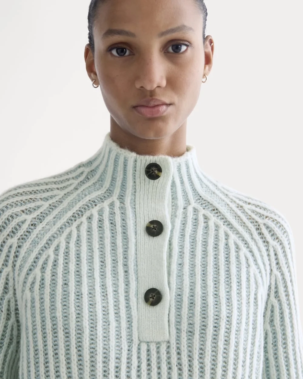 Funnel-Neck Ribbed Henley Sweater | Chalk Blue / Grey Mist Vertical Stripe (4)