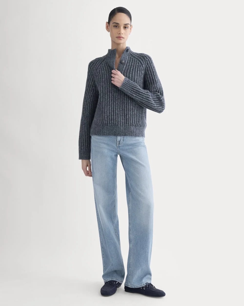 Funnel-Neck Ribbed Henley Sweater | Indigo (2)