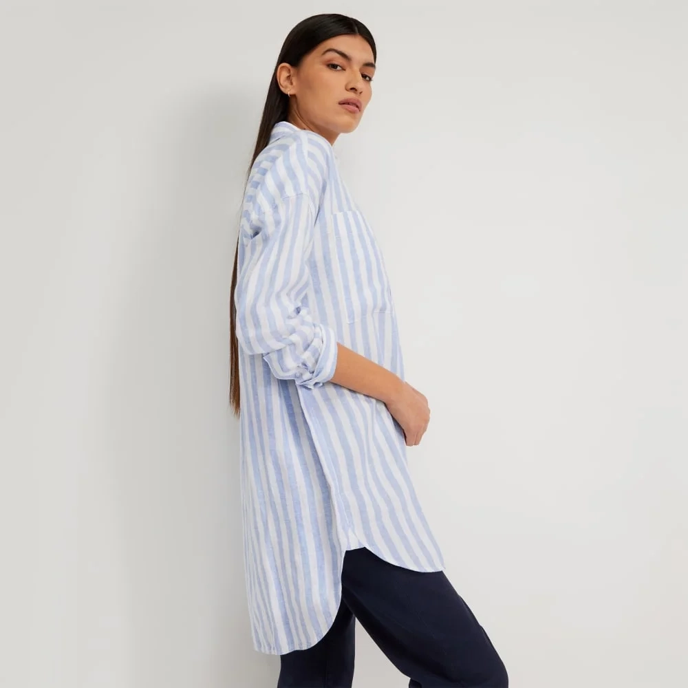 The Way-Long Linen Shirt | Blue / White (2)