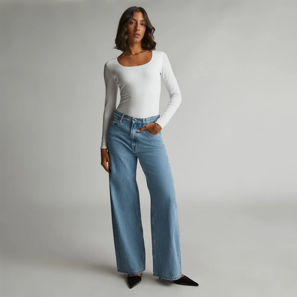 The Long-Sleeve Supima® Square-Neck Bodysuit | White | Thong