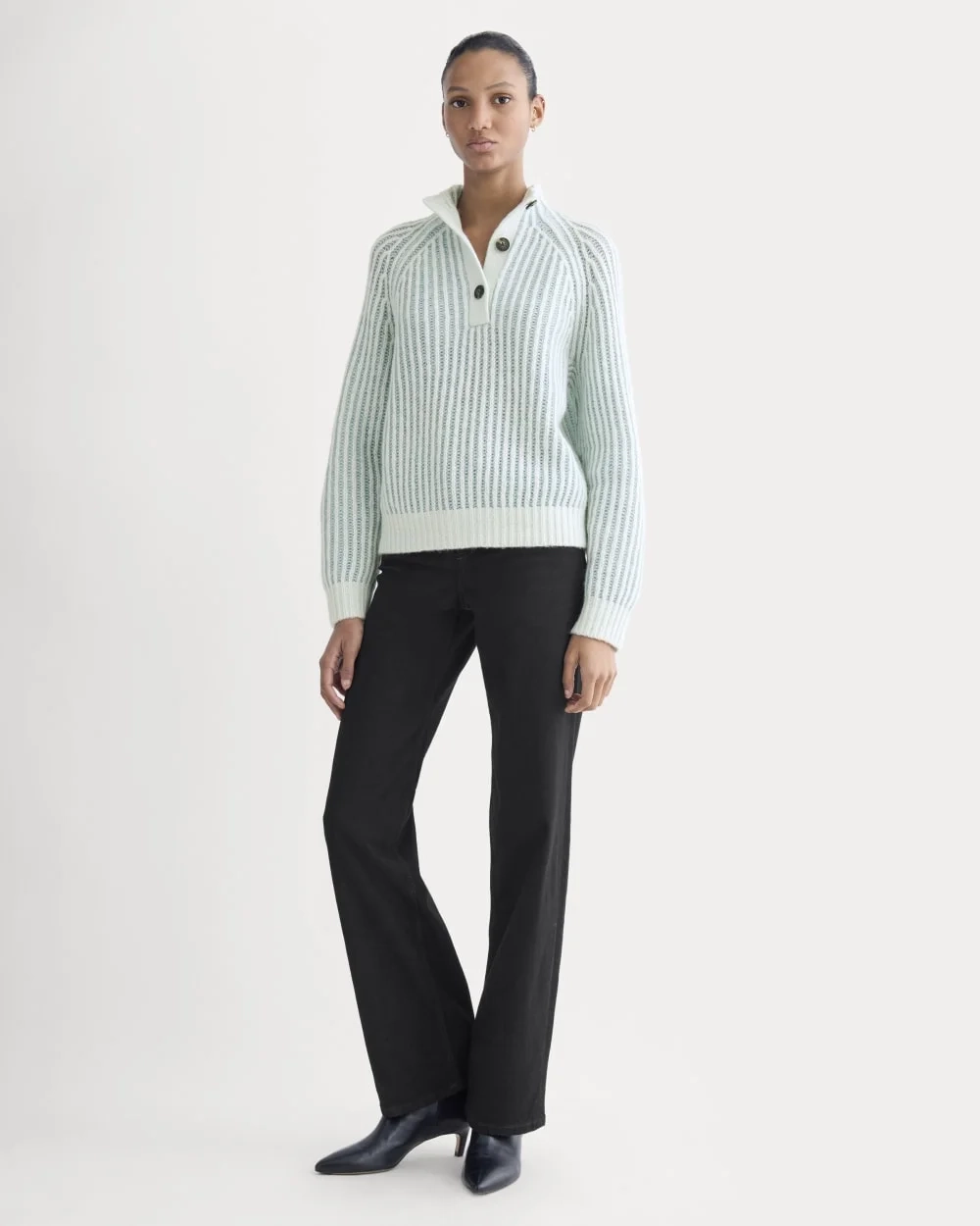 Funnel-Neck Ribbed Henley Sweater | Chalk Blue / Grey Mist Vertical Stripe (5)