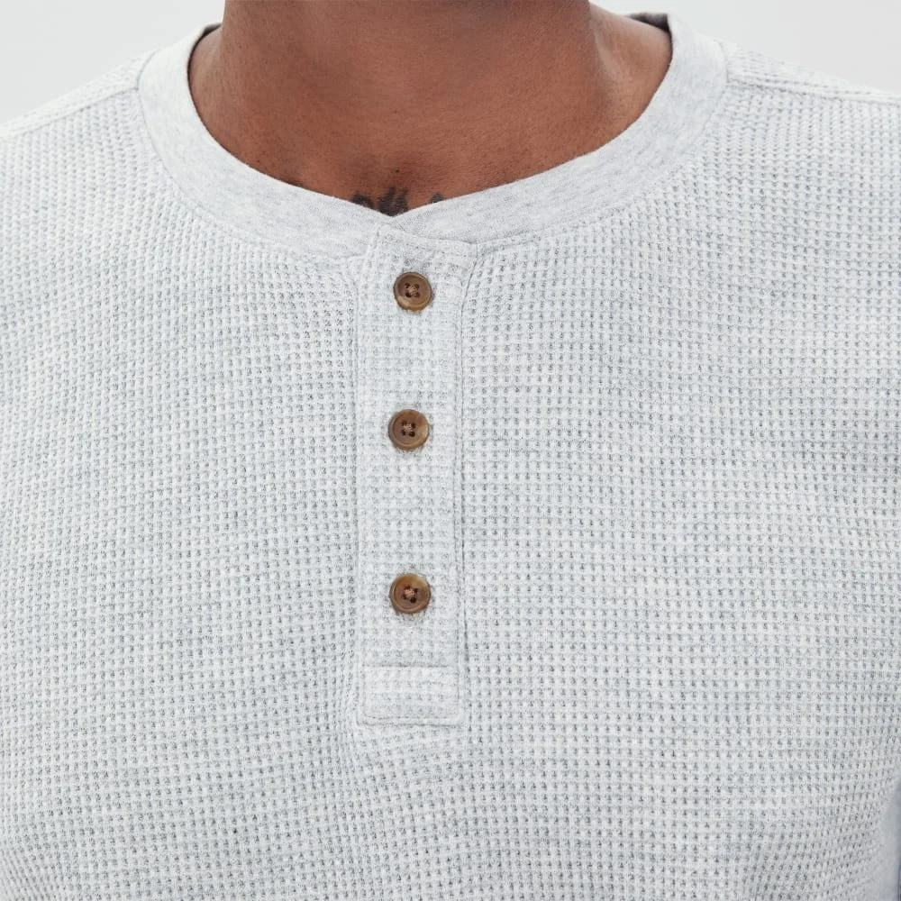 The Waffle Long-Sleeve Henley Tee | Heathered Light Grey (2)
