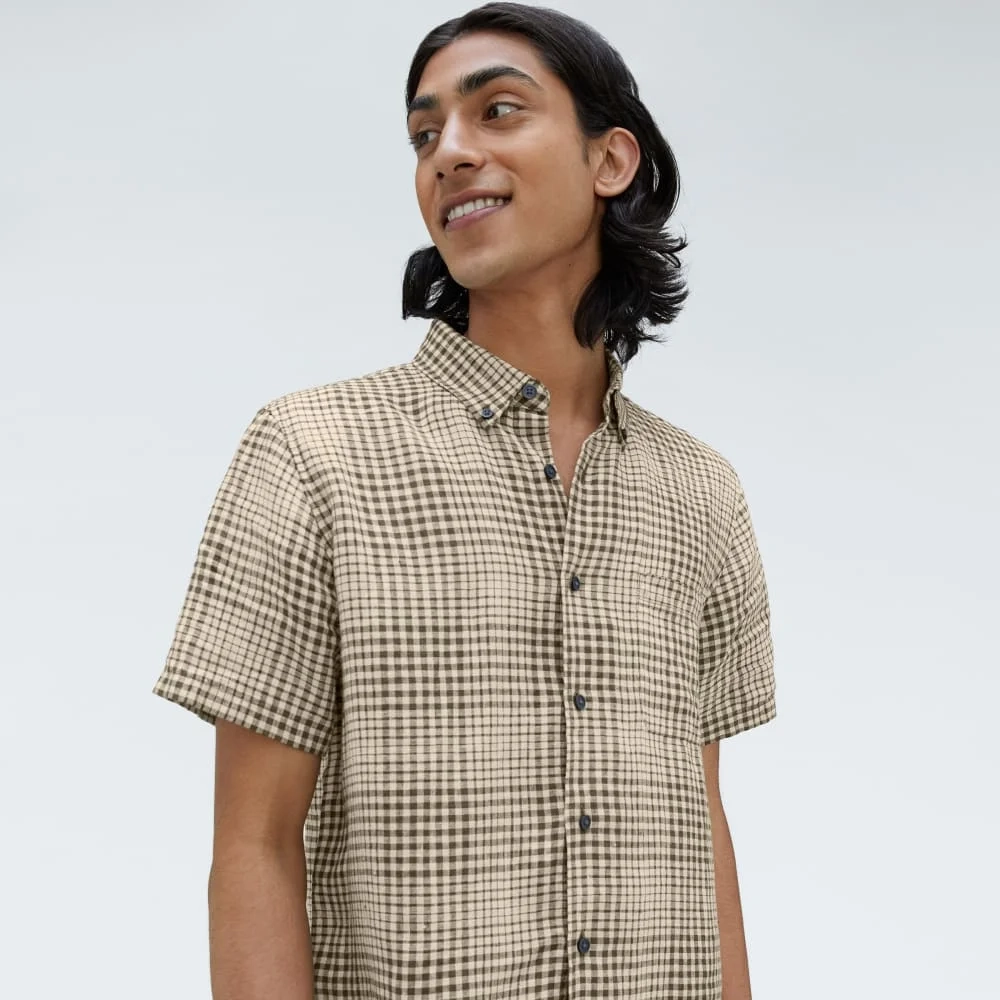 The Classic Short-Sleeve Shirt in Linen | Beech / Parchment Grid (5)