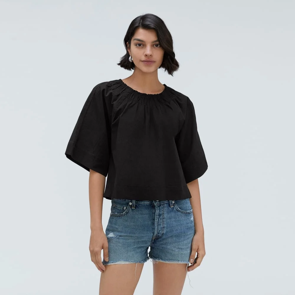 The Seersucker Gathered Tee | Black (4)