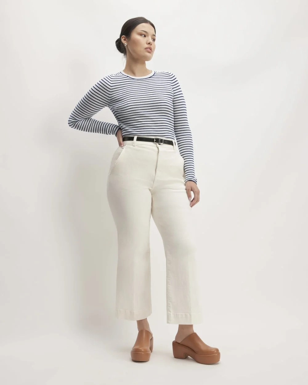 The Long-Sleeve Sweater Tee in Ultrasoft Merino | Bone/Navy (3)
