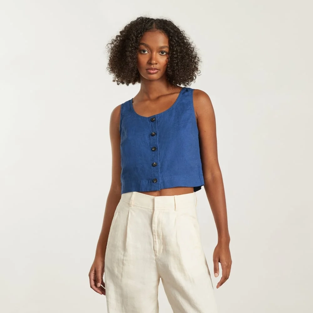 The Linen Button-Front Crop Tank | Deep Blue (3)