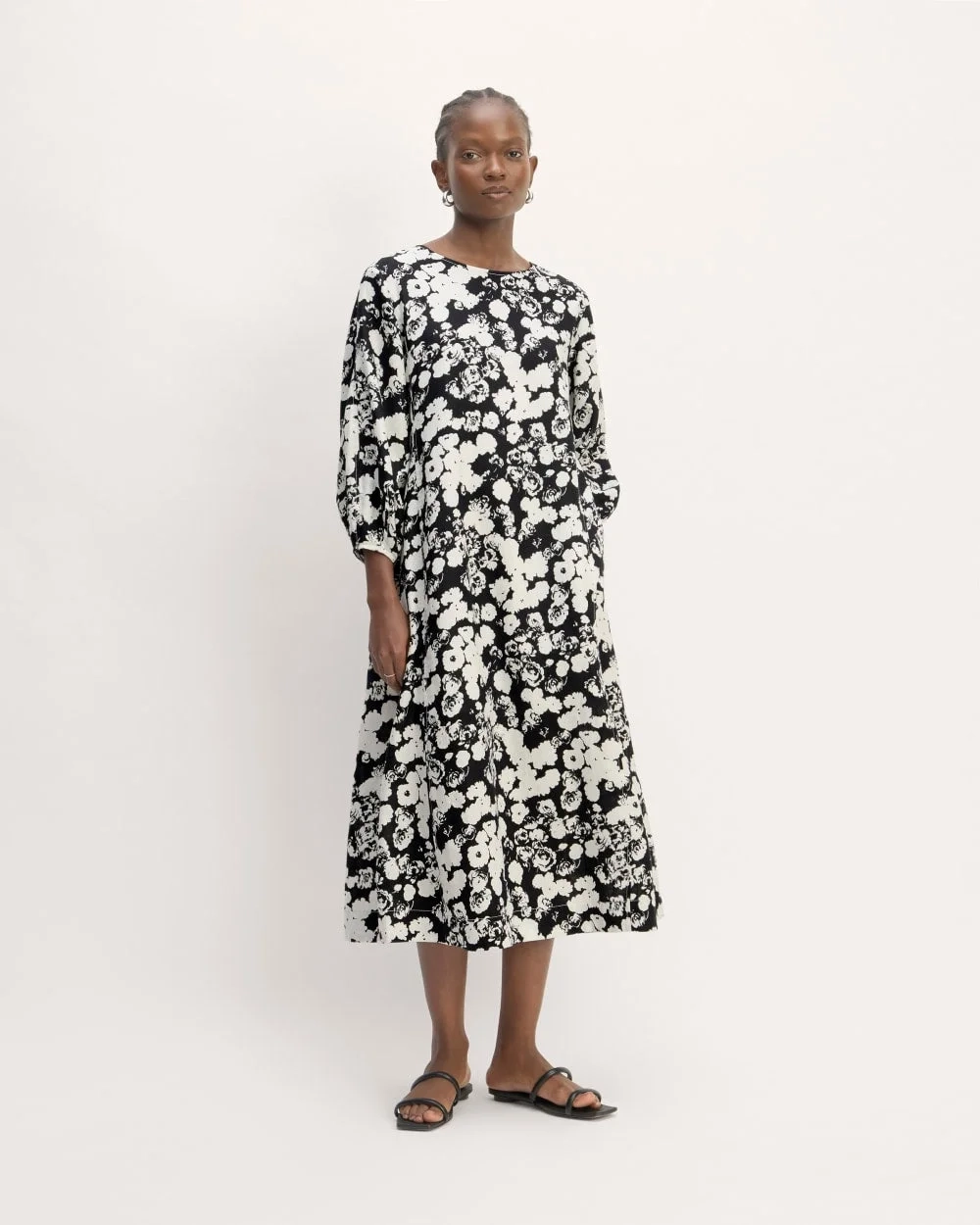 The Linen A-Line Midi Dress | Black / Bone Floral (3)