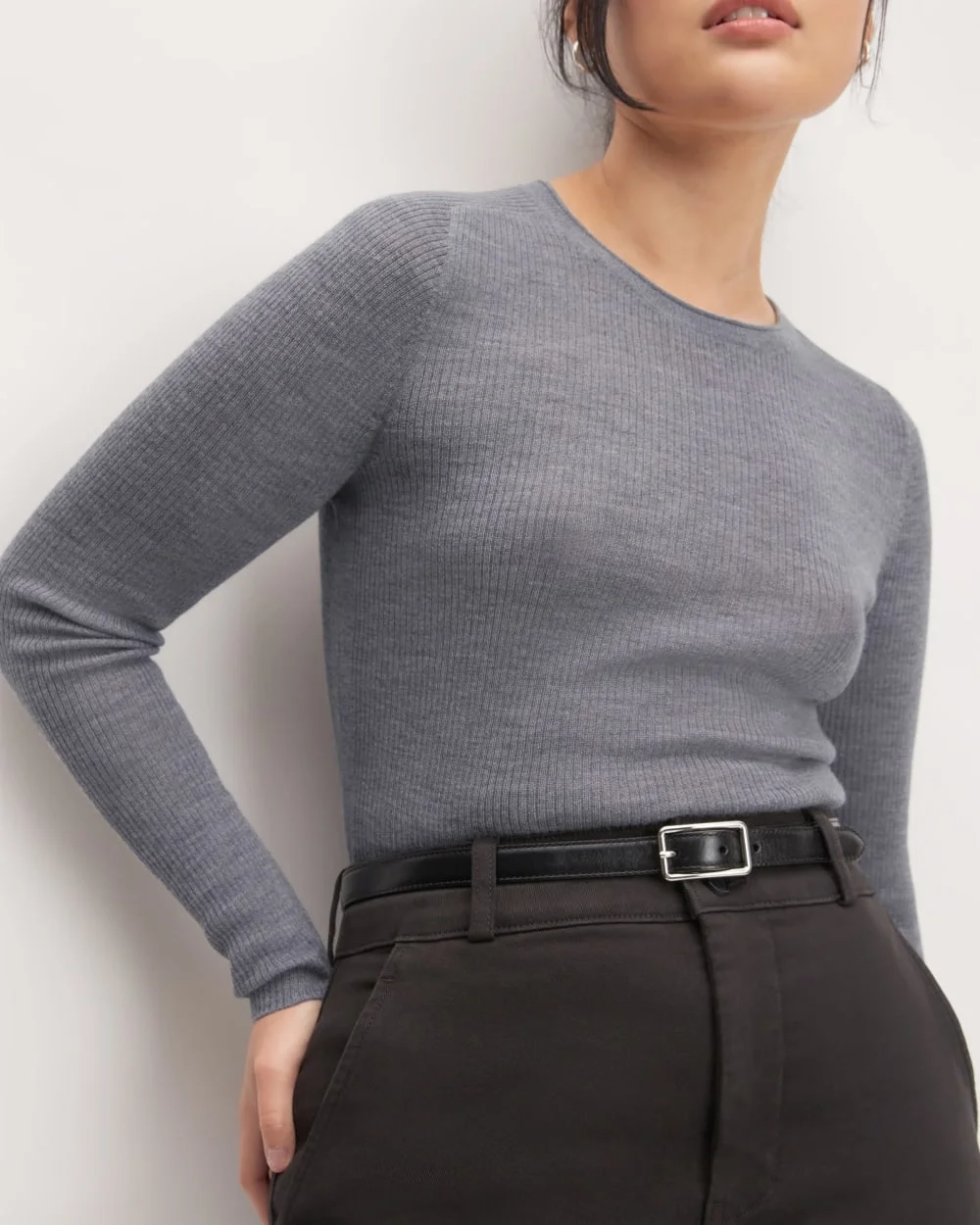 The Long-Sleeve Sweater Tee in Ultrasoft Merino | Heather Mid Grey (6)