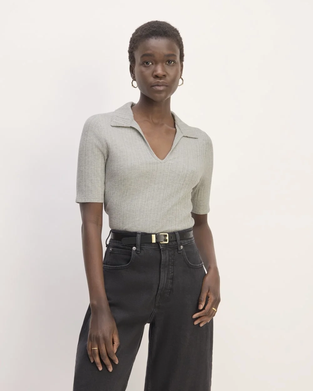The Rib Soft Knit Open Collar Polo | Heathered Grey