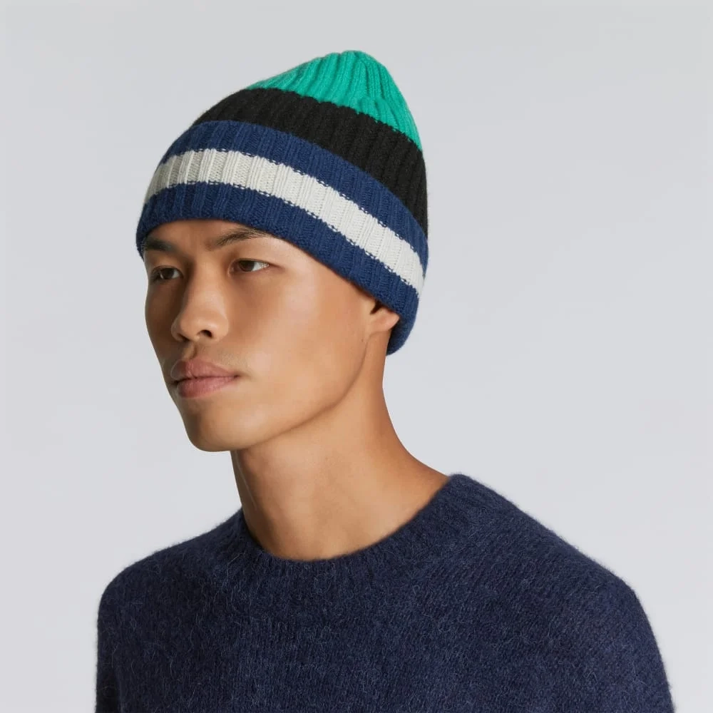 The Cashmere Beanie | Bright Navy Multi Stripe (2)