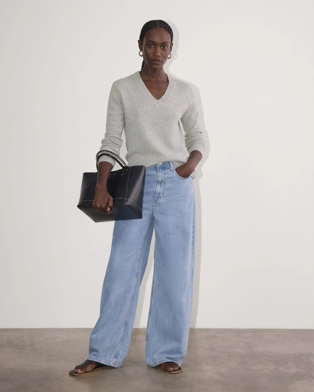 The V-Neck Sweater in Plush Cotton | Heathered Grey (2)