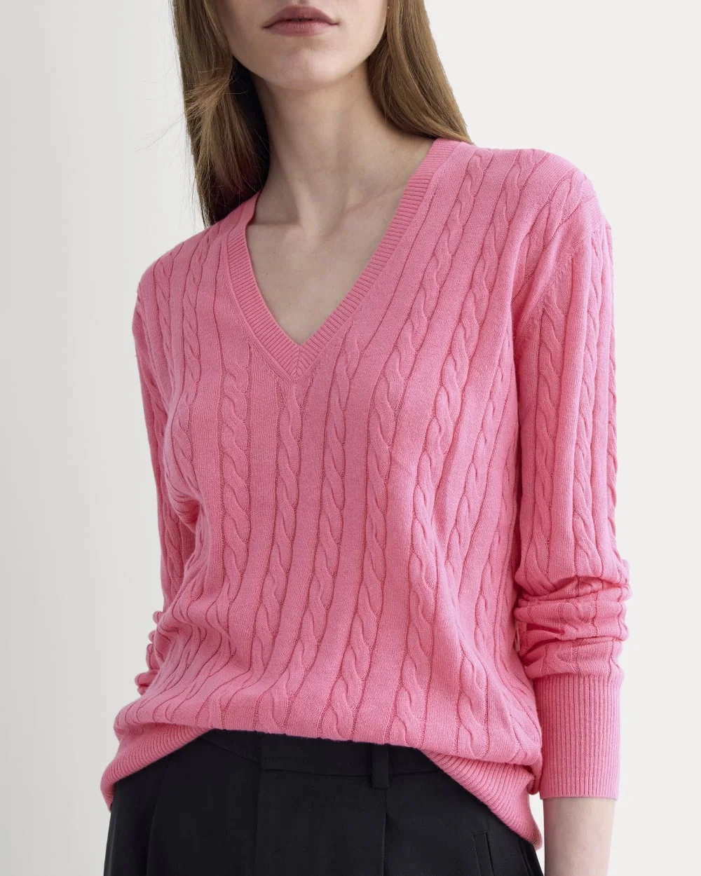 The Cable V-Neck in Cotton Cashmere | Deep Pink (3)