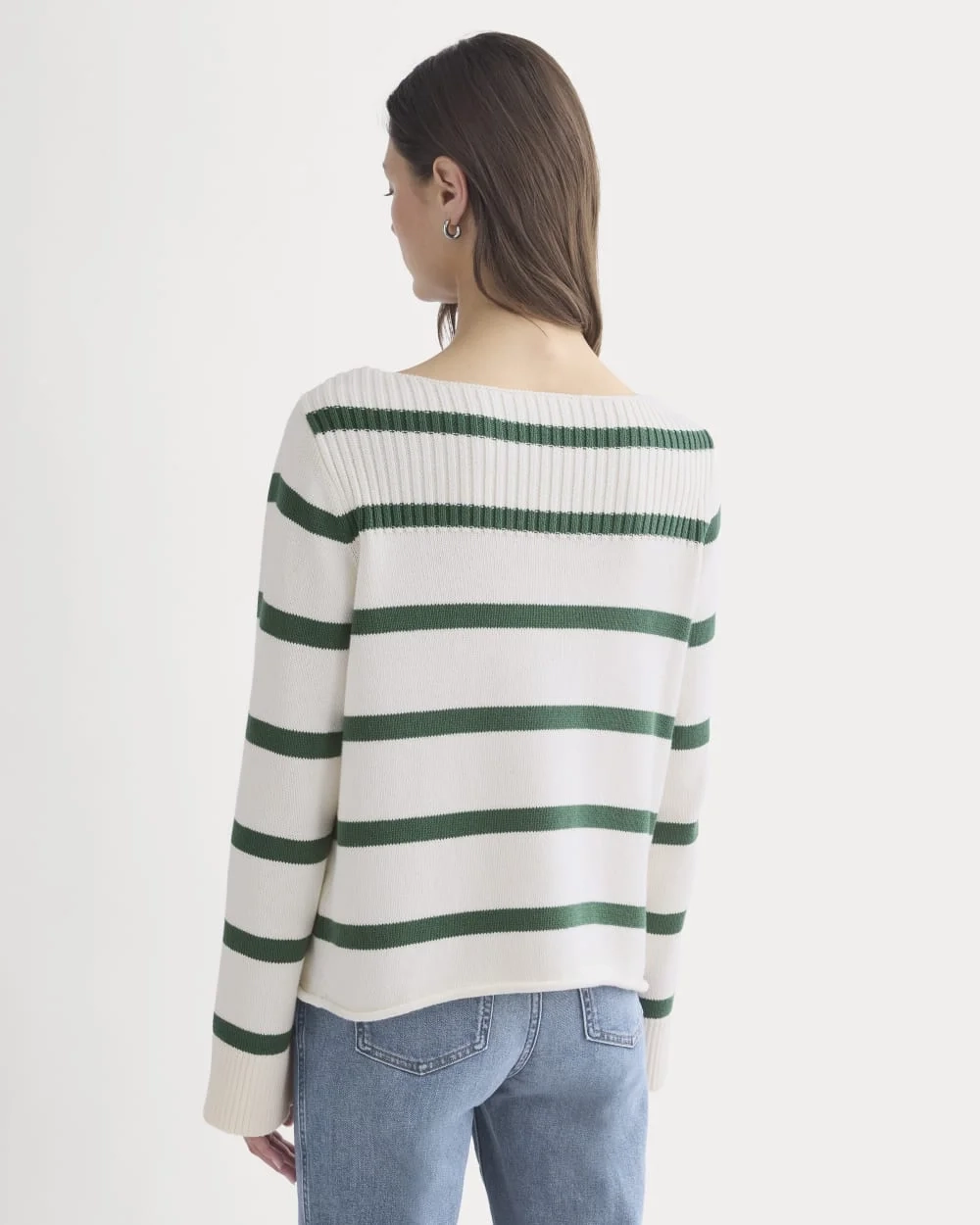 Striped Boatneck Sweater in Everyday Cotton | Hunter Green/Bone (4)