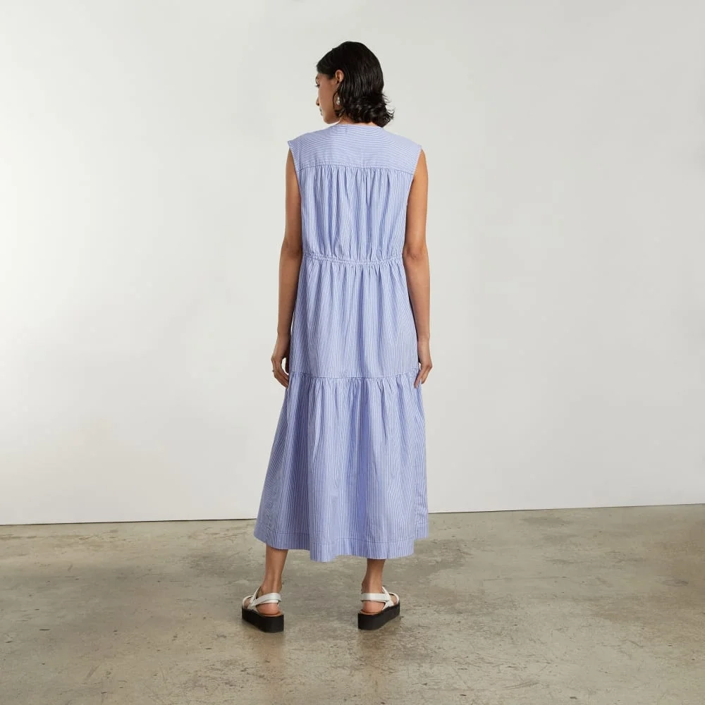 The Tiered Midi Dress | White / Blue Mini Stripe (4)