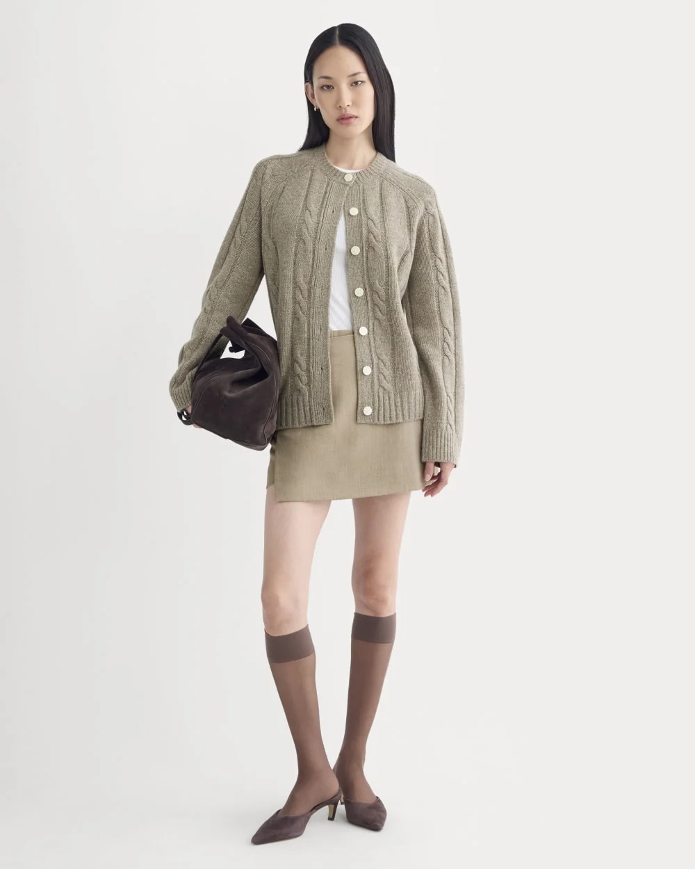 Cable Cardigan in Extrafine Luxe Merino | Heather Soft Taupe (3)