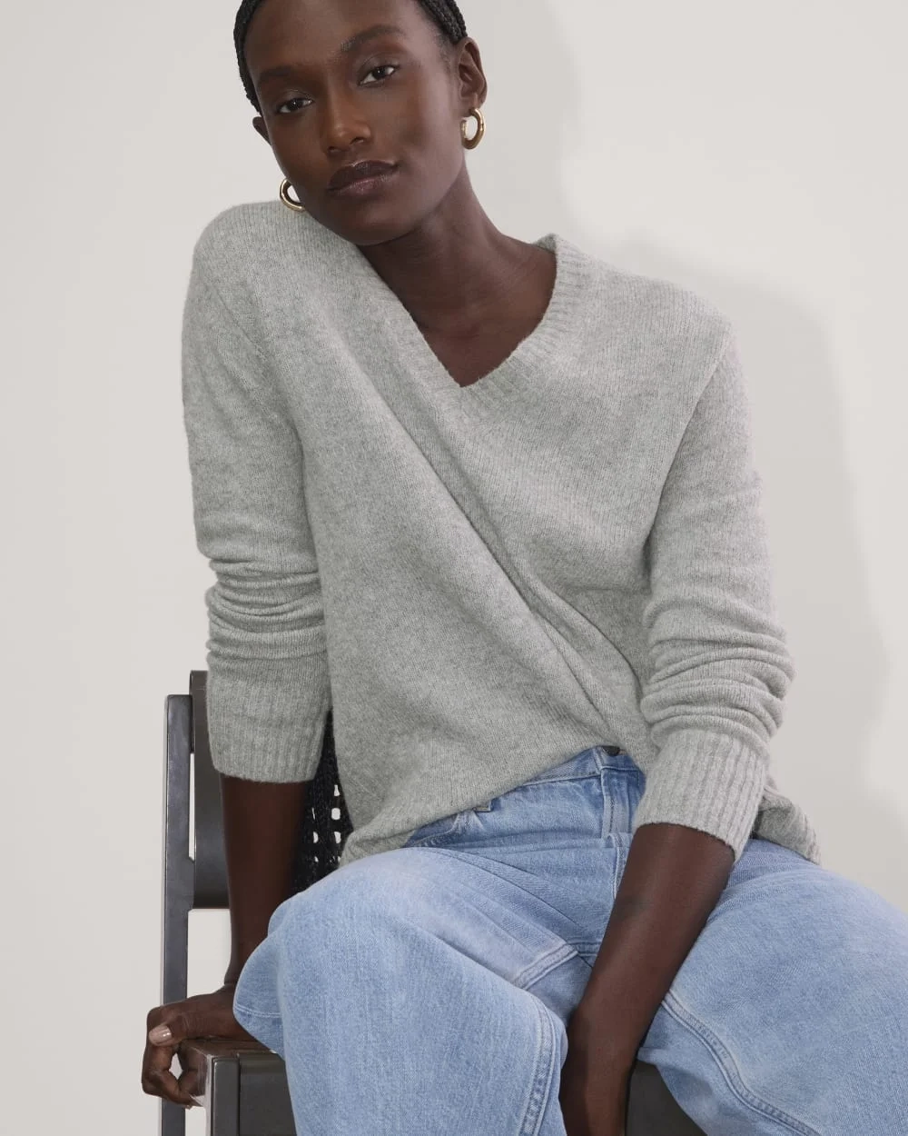 The V-Neck Sweater in Plush Cotton | Heathered Grey (3)