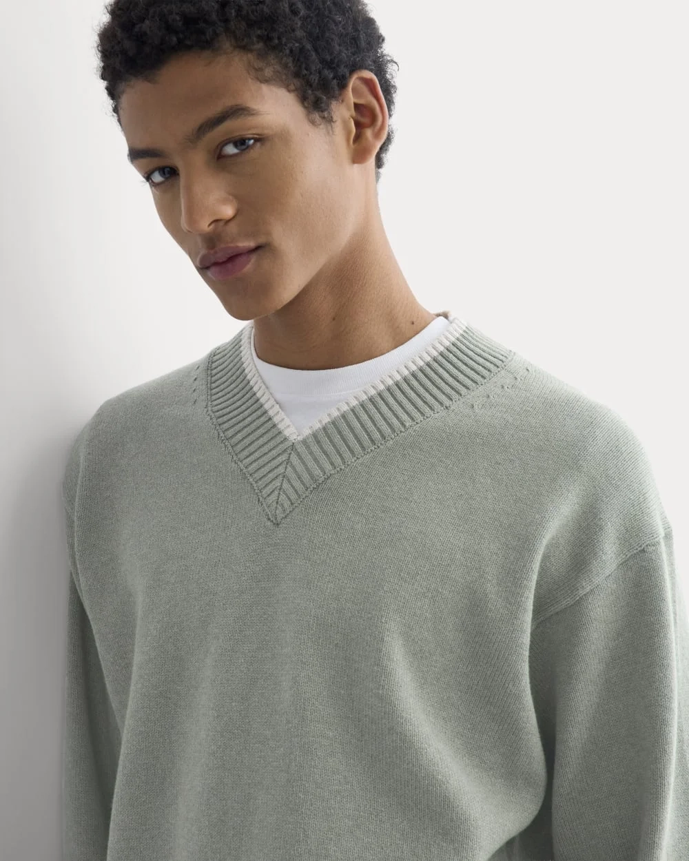 Relaxed V-Neck Sweater in Everyday Cotton | Heathered Lilypad (2)
