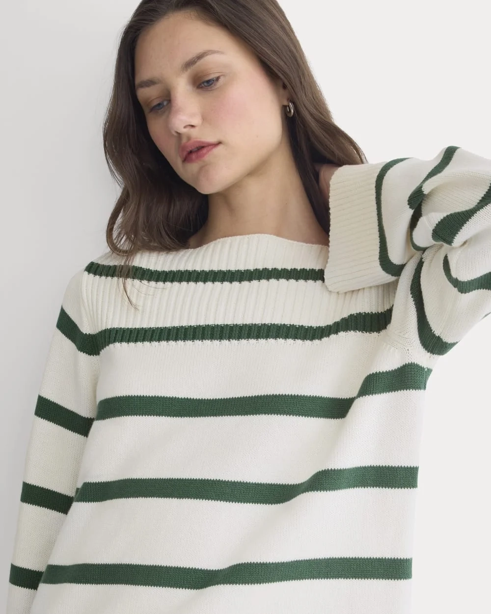 Striped Boatneck Sweater in Everyday Cotton | Hunter Green/Bone (5)
