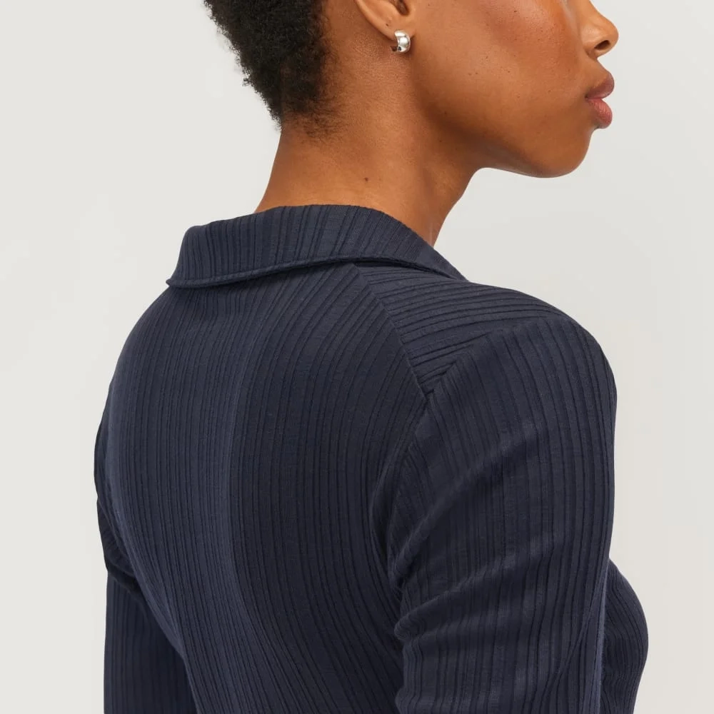 The Rib Soft Knit Open Collar Polo | Navy (4)
