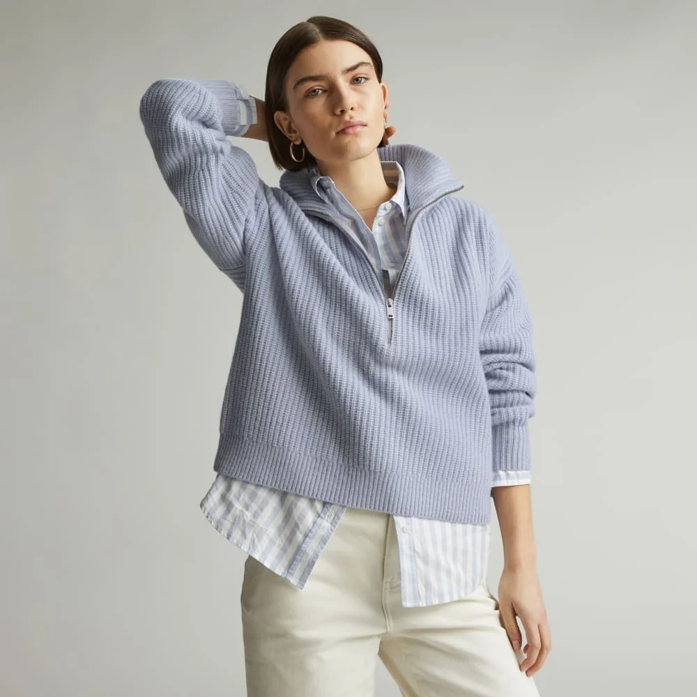 The Half-Zip Sweater in Luxe Merino | Periwinkle / Light Heather Oat