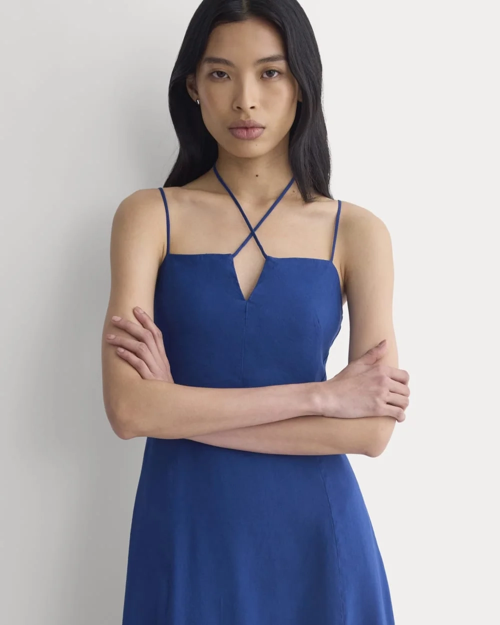 Tie-Neck Dress in Stretch Linen | Estate Blue (3)