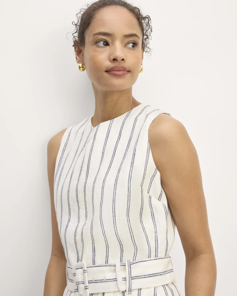 The Linen Belted Midi Dress | Bone/Navy (3)