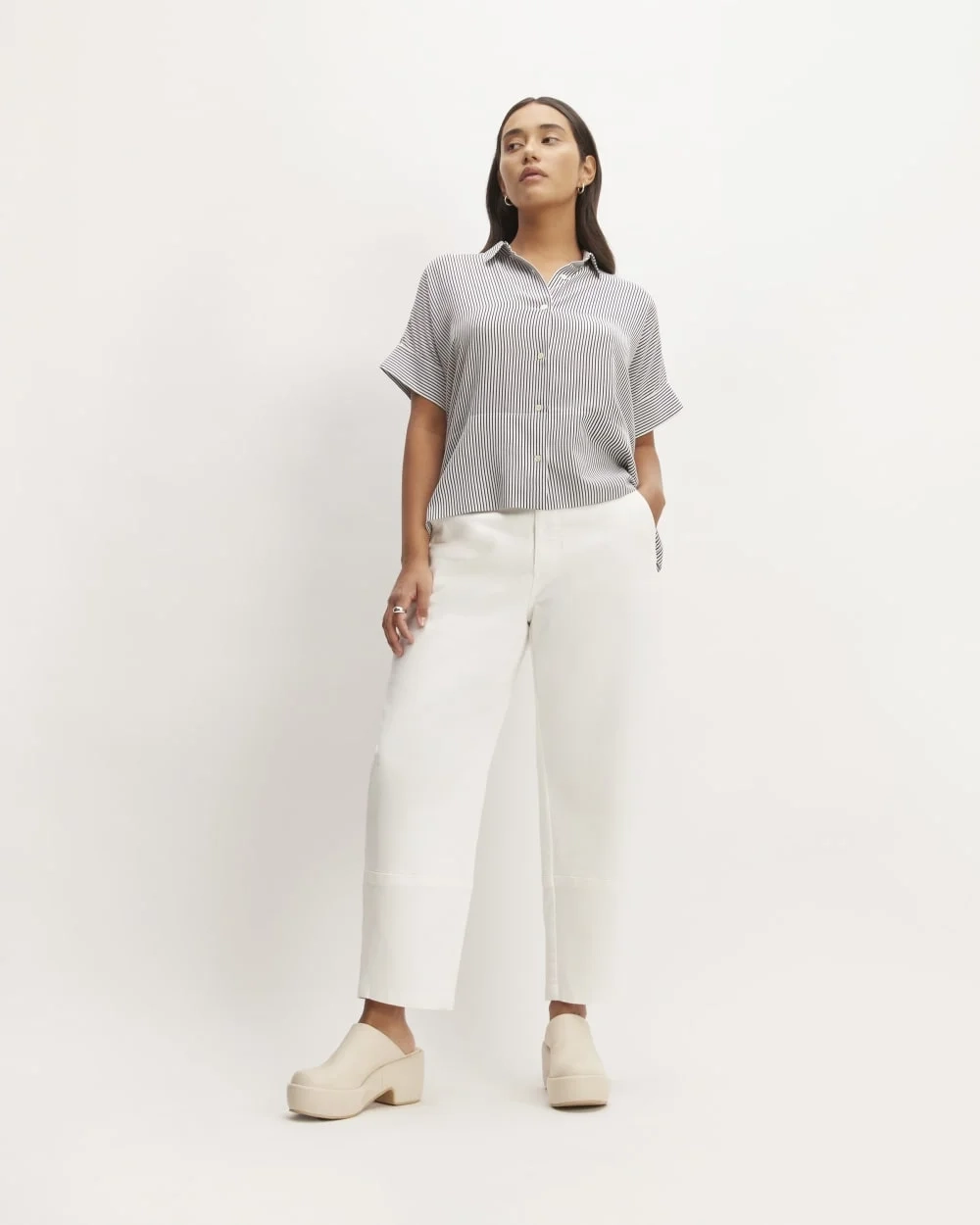 The Boxy Shirt in Washable Silk | Black / White (2)