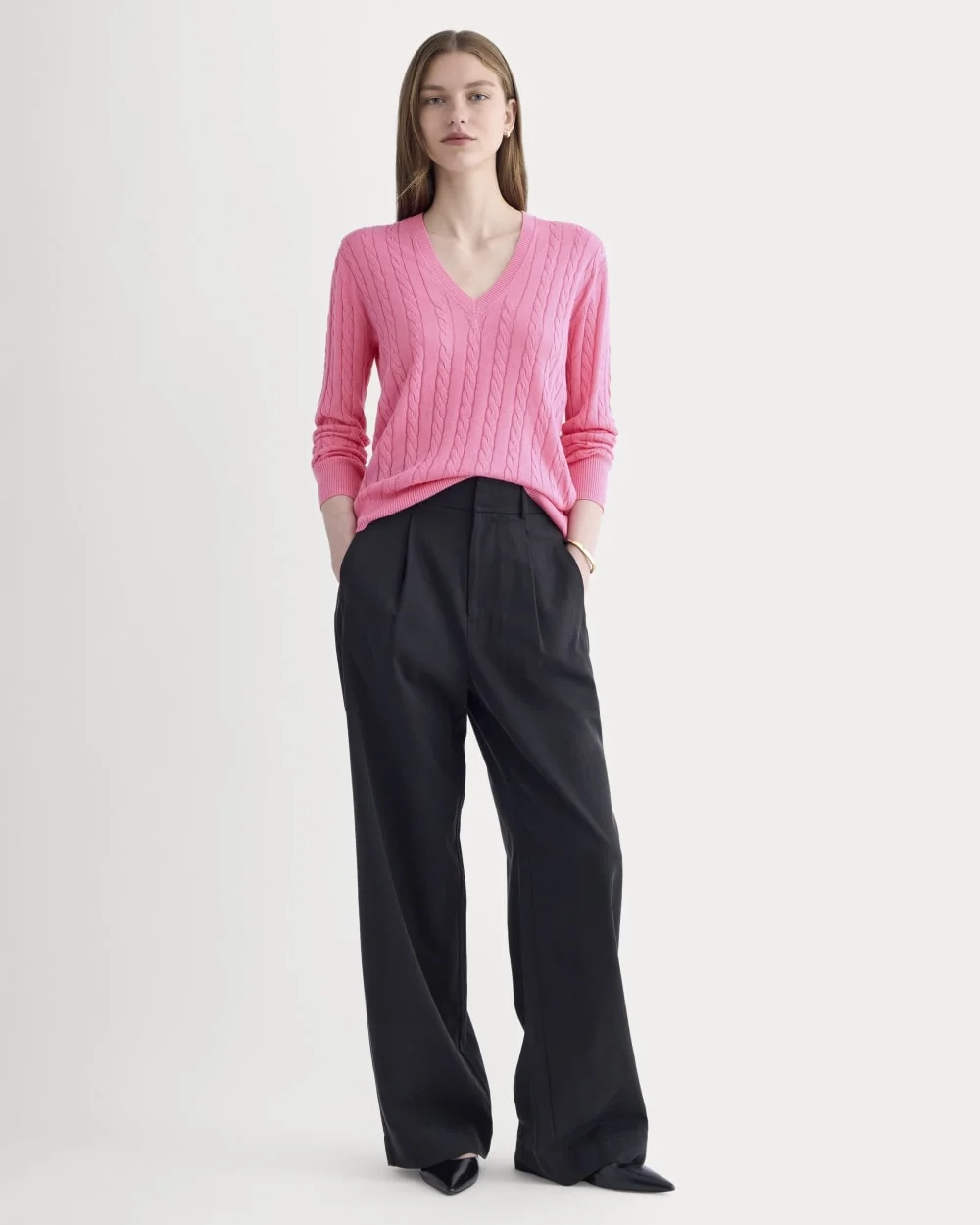 The Cable V-Neck in Cotton Cashmere | Deep Pink (4)