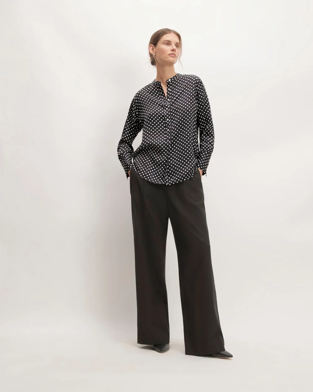 The Hammered Satin Popover Shirt | Black / Bone Polka Dot (2)