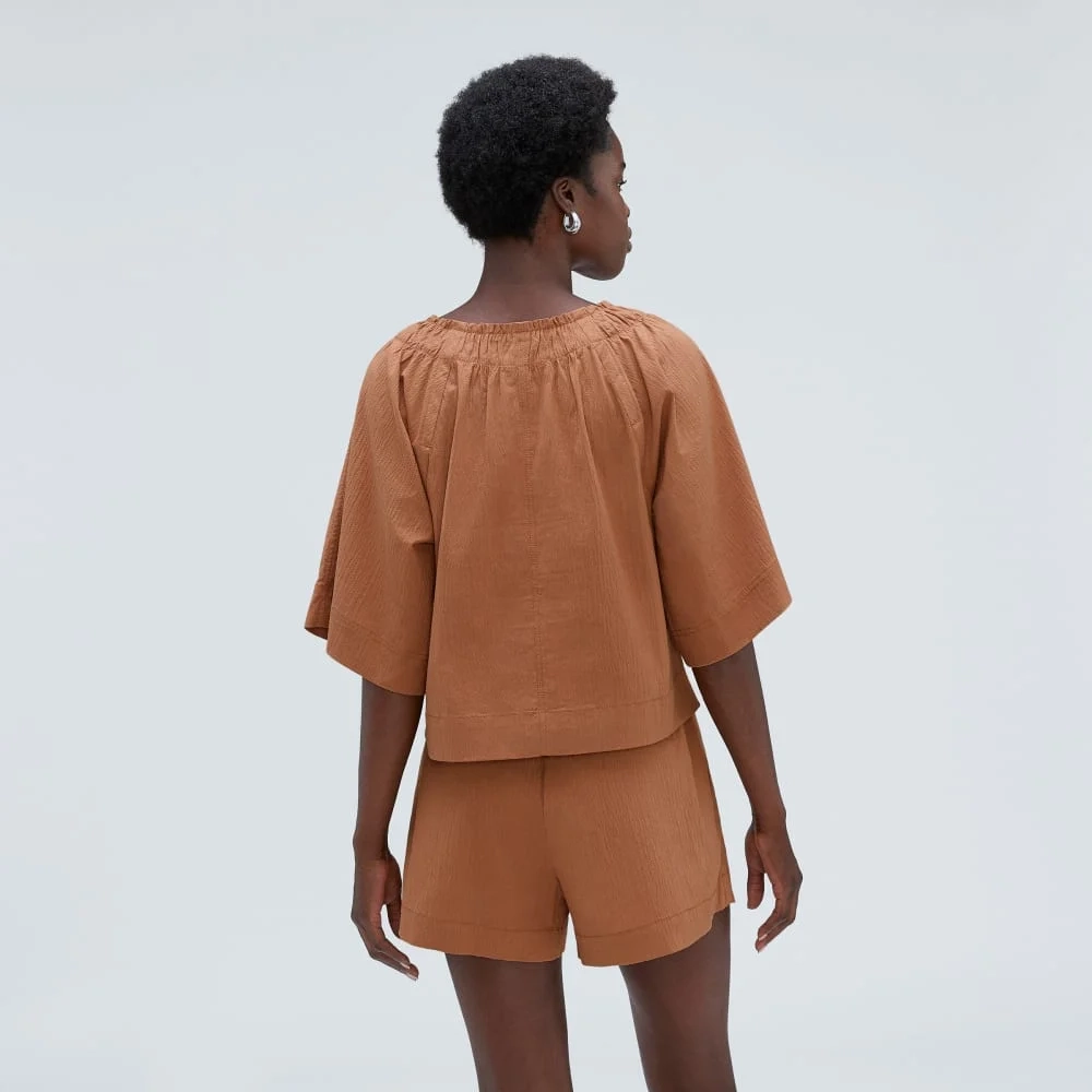 The Seersucker Gathered Tee | Tawny Brown (5)