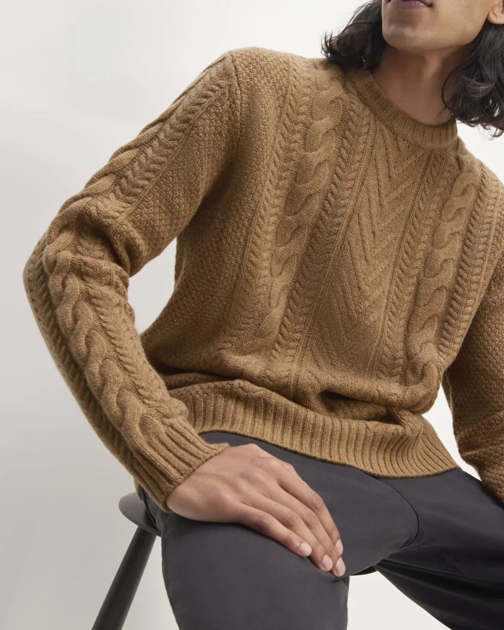 The Felted Merino Cable-Knit Crew | Deep Camel (2)