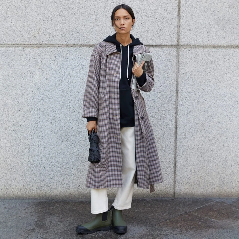 The Gathered Drape Trench | Blue / Brown Houndstooth (6)