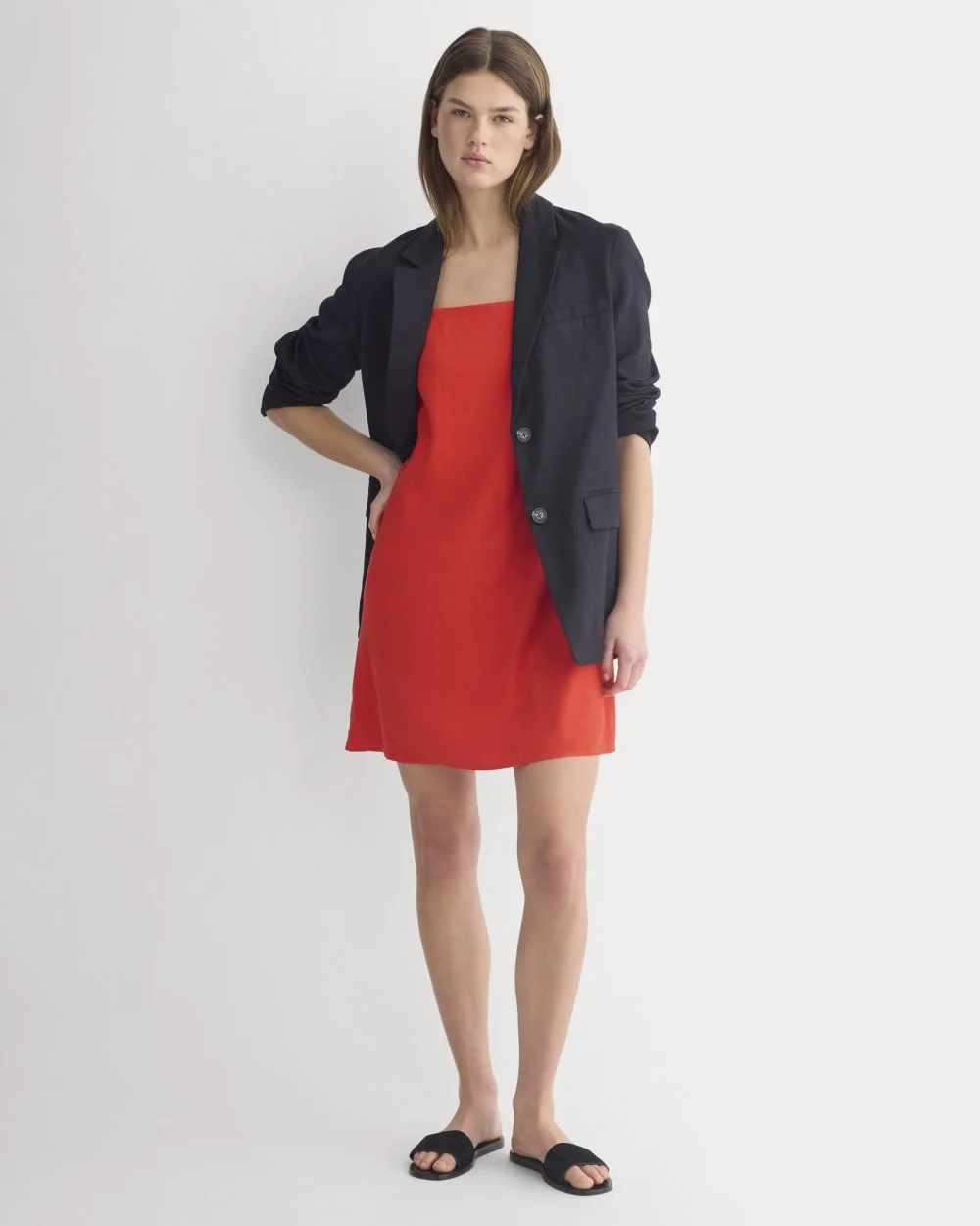 Mini Shift Dress in Stretch Linen | Fiery Red (2)