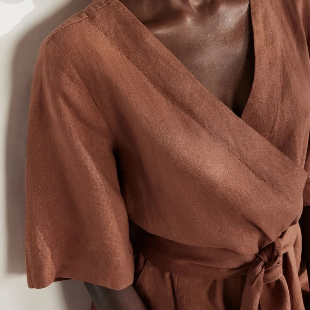The Wrap Jumpsuit in Linen | Carob Brown (2)
