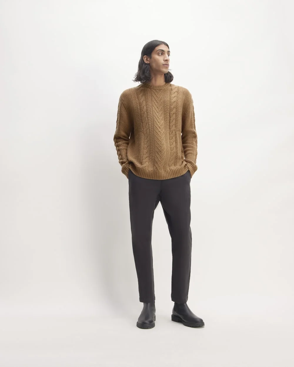 The Felted Merino Cable-Knit Crew | Deep Camel (3)