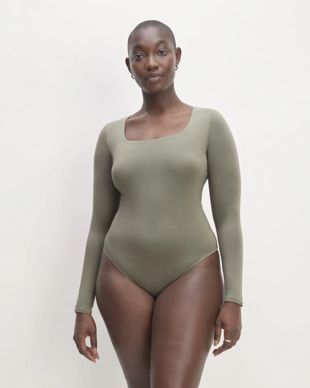 The Long-Sleeve Supima® Square-Neck Bodysuit | Dark Sage | Thong (4)