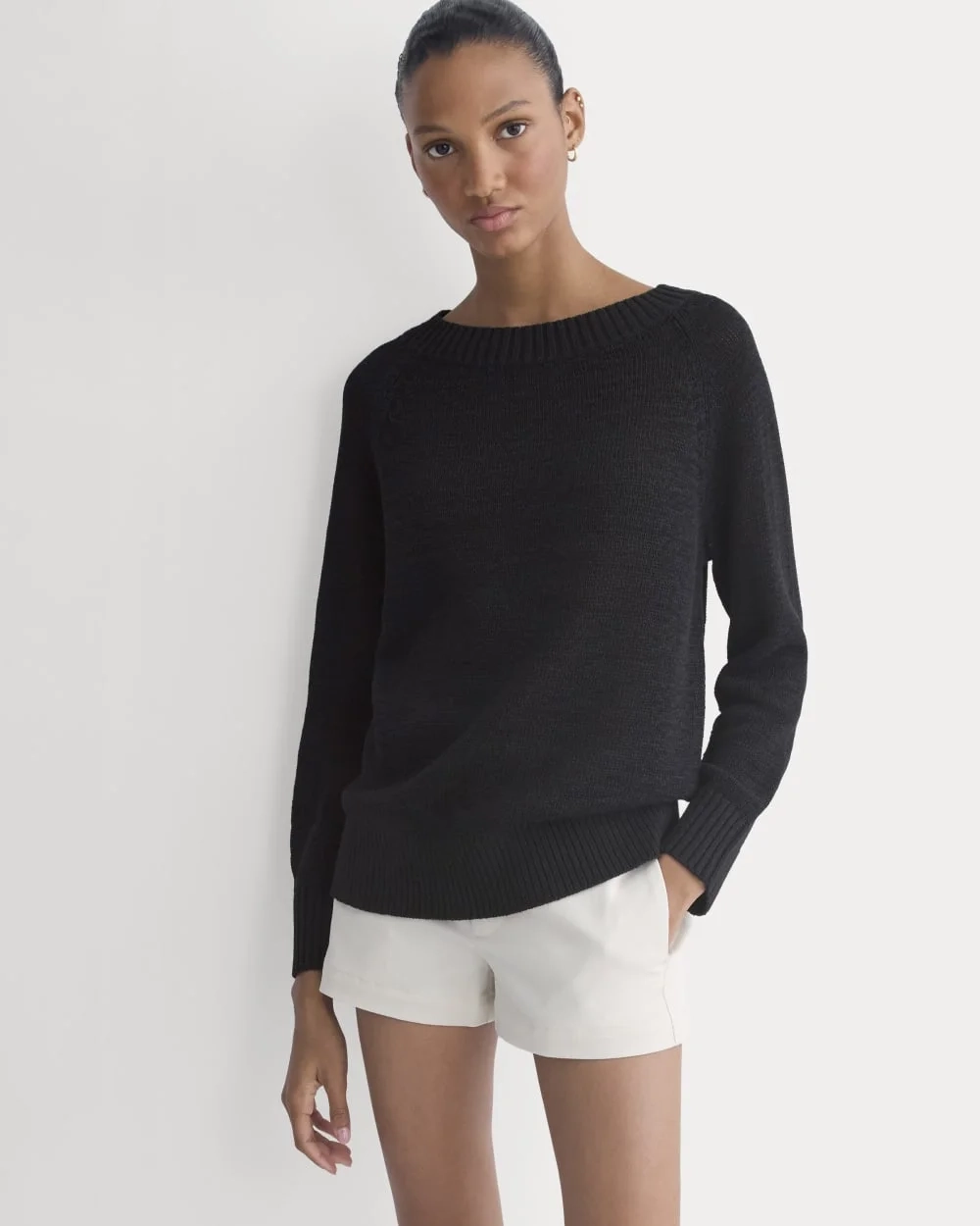 Wide-Neck Crew Sweater in Tape Yarn | Black (4)