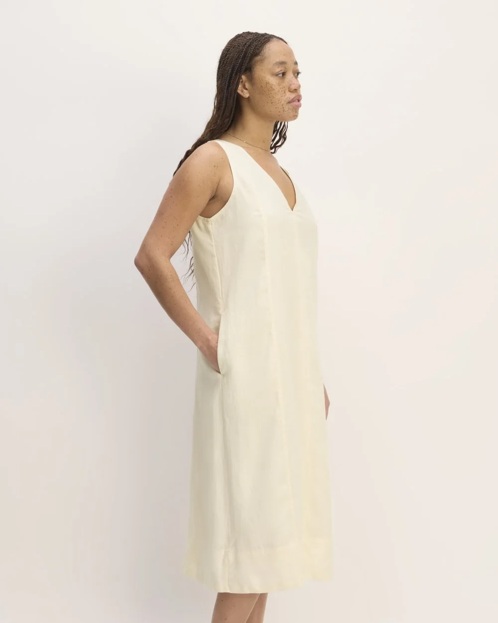 The Linen V-Neck Midi Dress | Bone (4)