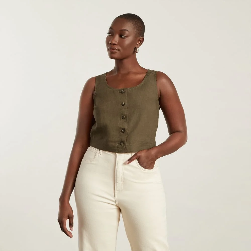 The Linen Button-Front Crop Tank | Beech (3)