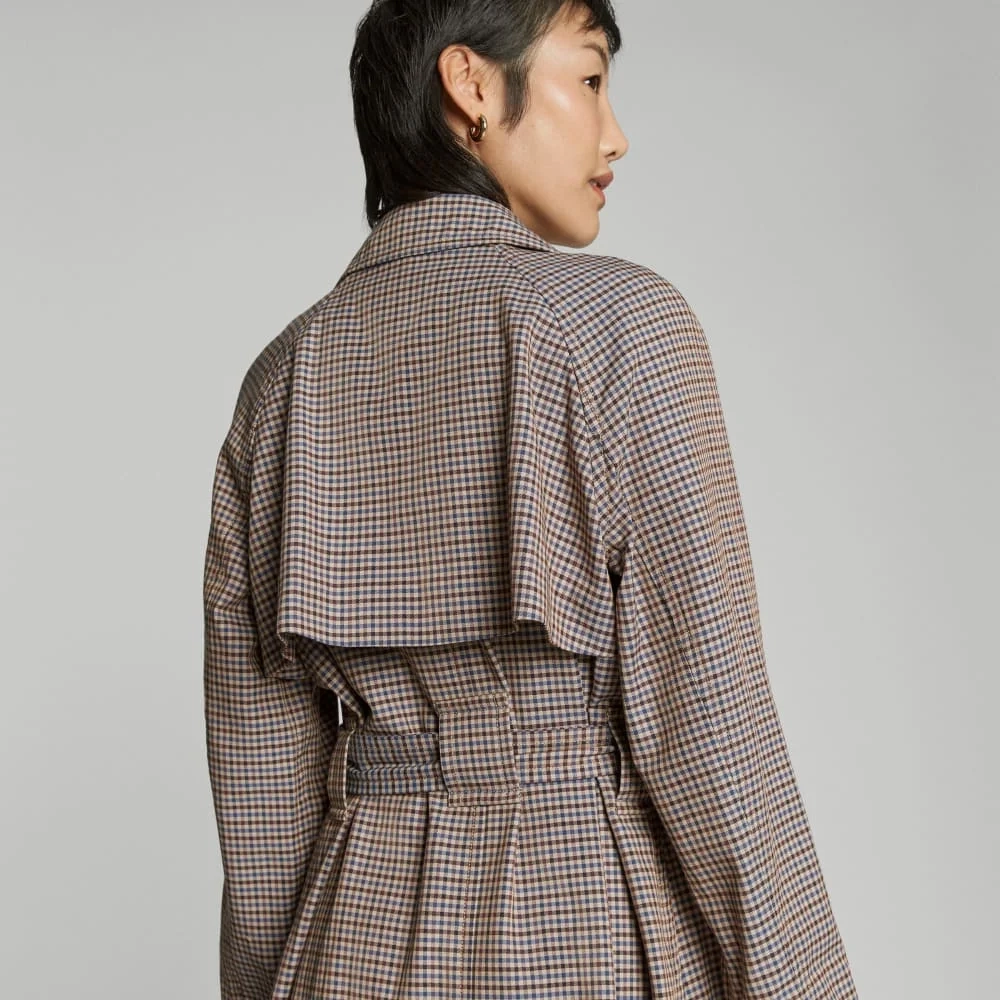 The Gathered Drape Trench | Blue / Brown Houndstooth (7)