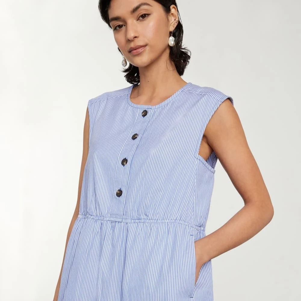 The Tiered Midi Dress | White / Blue Mini Stripe (5)